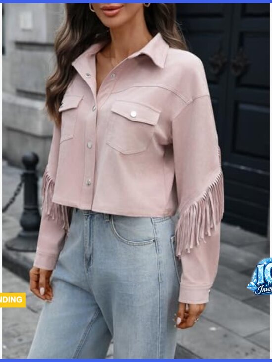 Faux Suede Fringe Jacket Crop Collar Drop Shoulder Long Sleeve Button - Picture 5 of 7